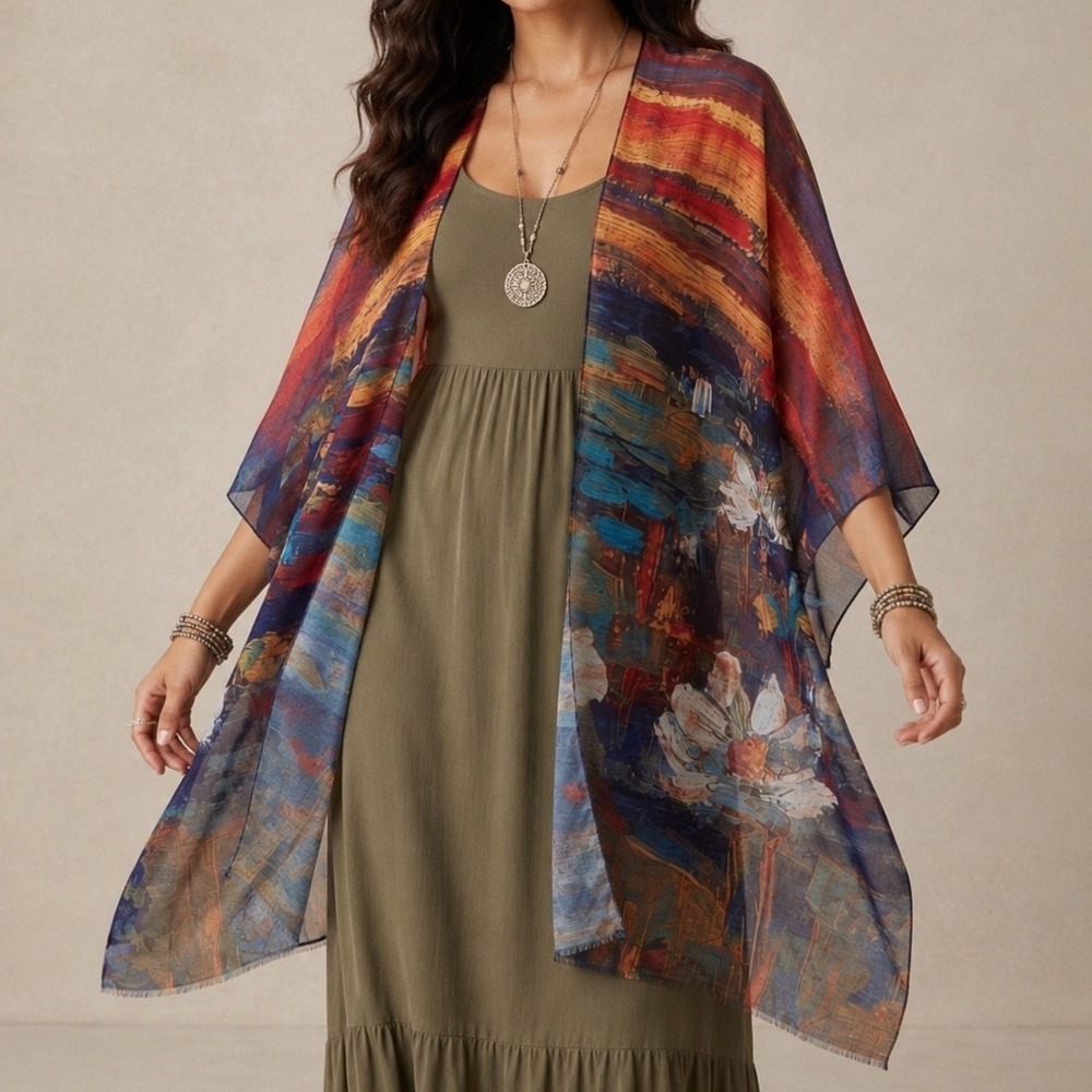 Monet Water Lilies Inspired Ruana Kimono Poly Chiffon Resort Cover Up Fringe Hem